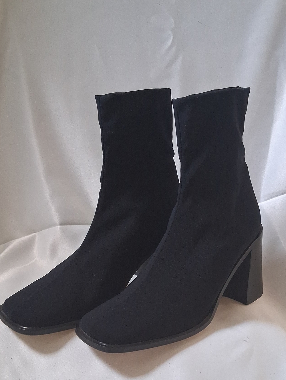 Women's Black Stretch Sock Boots - Classic Block Heel (Real Leather) 🖤